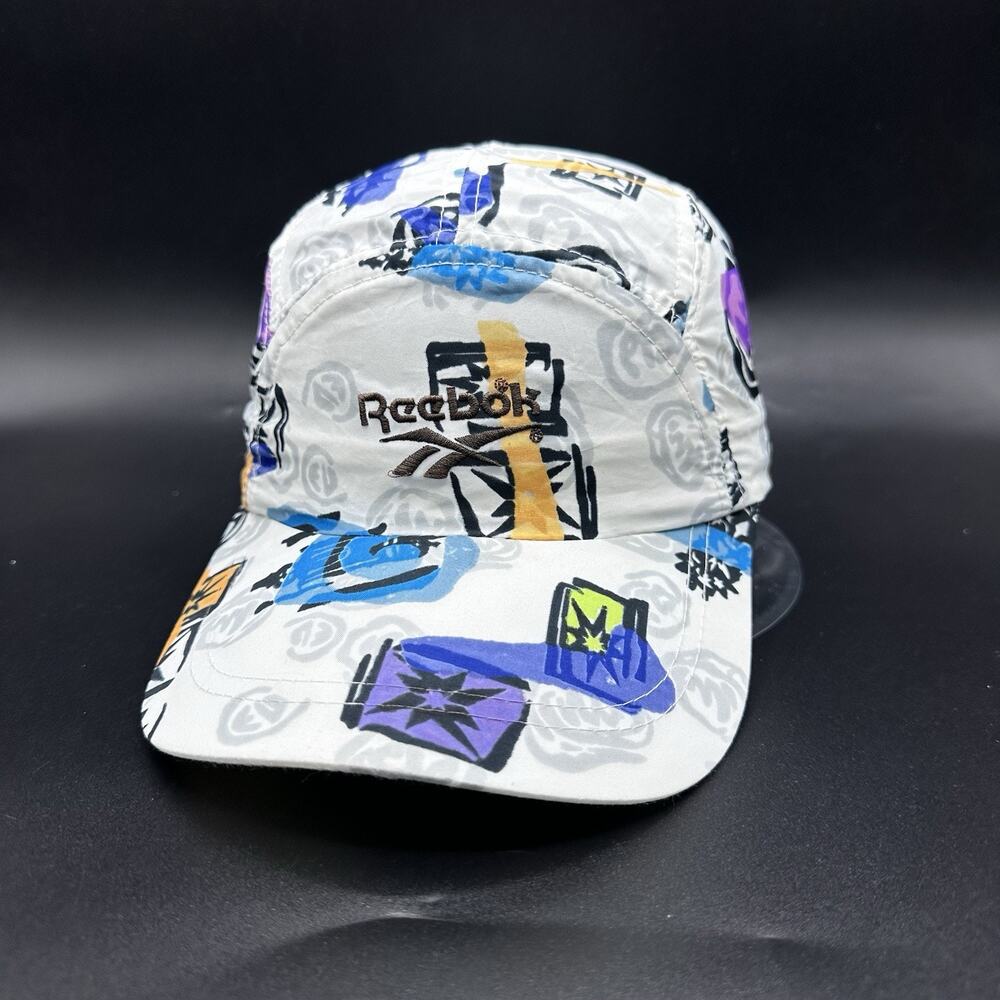 Vintage REEBOK All Over Abstract Print 5 Panel Camp Hat OSFA Cap 90s 1990s RARE